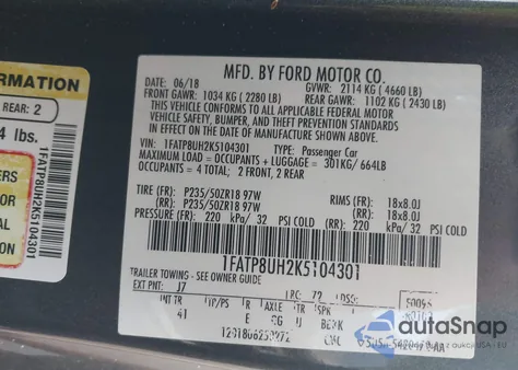 2019 Ford Mustang Ecoboost Premium z USA, uszkodzony, nr VIN 1FATP8UH2K5104301